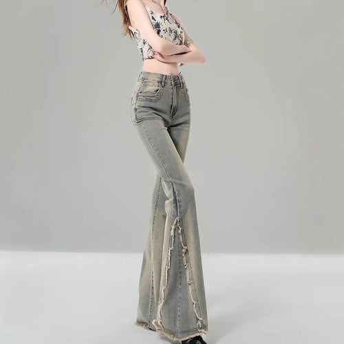 American Retro Frayed Edge Mildly Spicy Women's Jeans High Waist Bell Bottoms Straight Leg Floor Length Summer New Design Slimmi